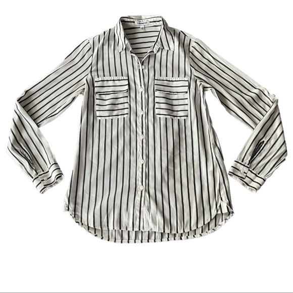 EUC Express Portofino Striped Button-Up Shirt | Black White | Women’s Size XS - Picture 2 of 14
